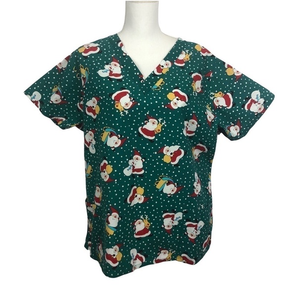 LIFE Women’s Christmas Scrub Top Sz Large Multi Color Short Sleeves Pockets - Picture 1 of 8